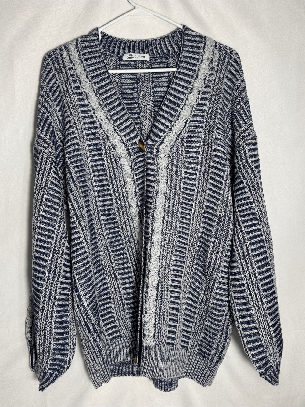 Cupshe Navy & White Striped Cable V-Neck Cardigan Women’s Size Medium